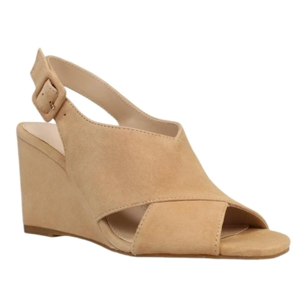 Pelle Moda Rina-Su Latte Suede Wedge Sandals Tan‎ Slingback Buckle Womens 9.5M